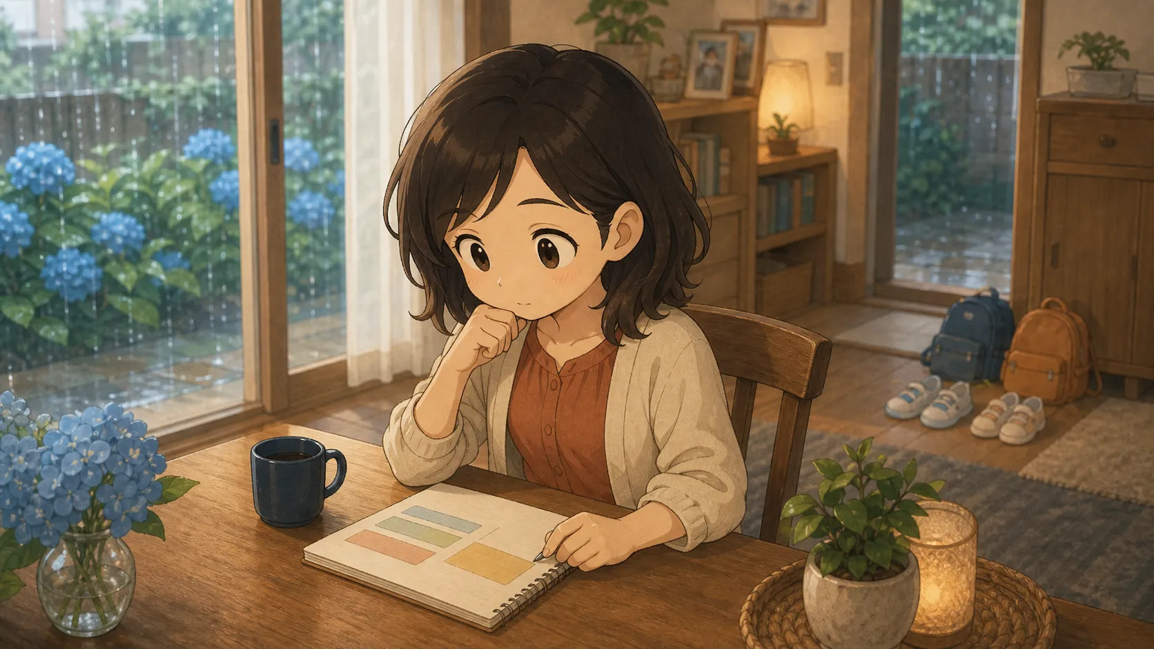 6月の家で家計を考える妻のイメージイラスト