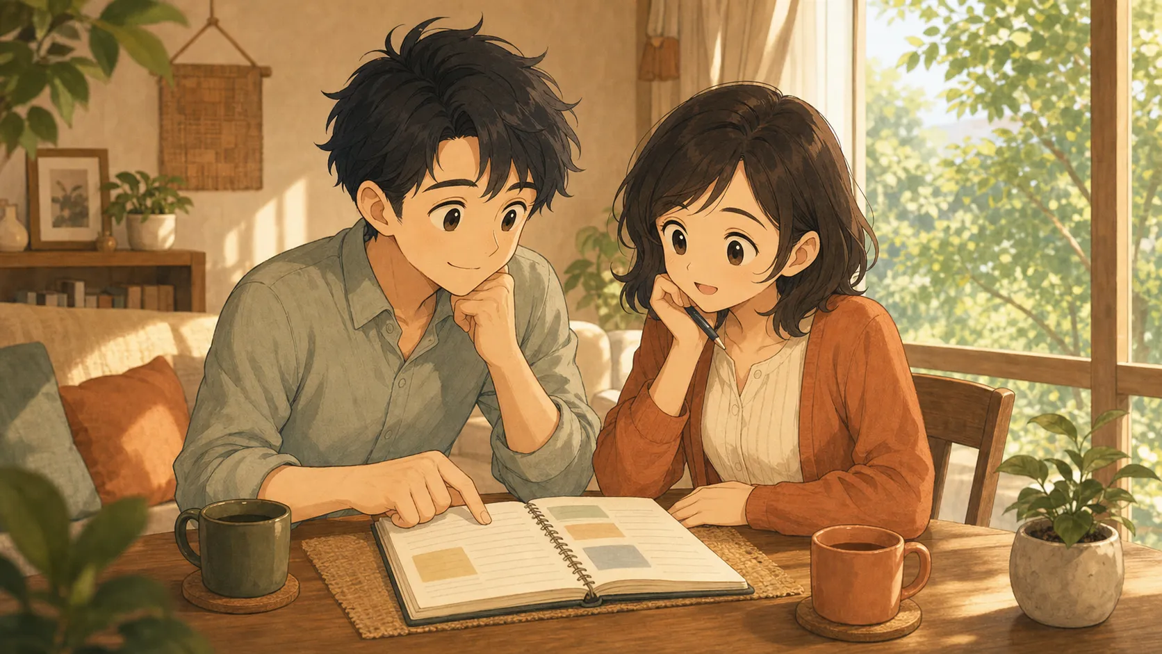 夫婦が初夏の家でサイドFIREの選択肢を話しているイラスト